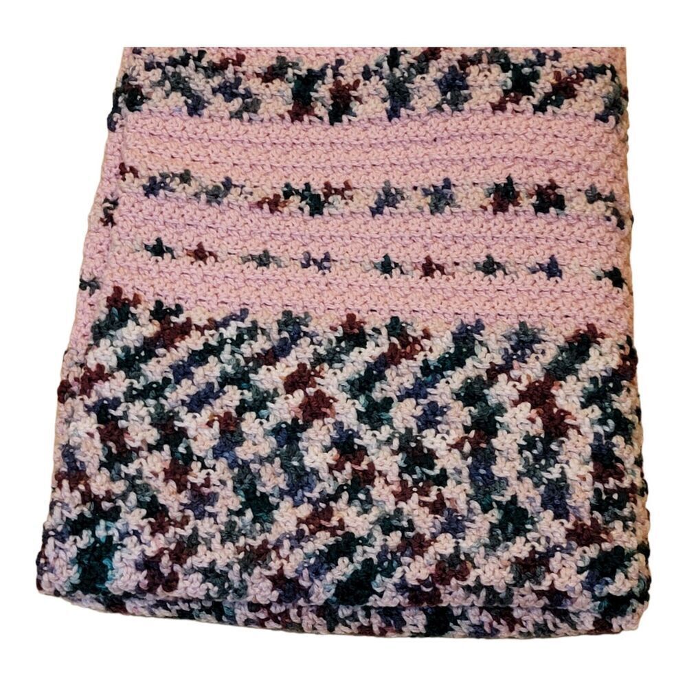 Vintage Handmade Crochet Pink And MultiColor Stiped Afghan Blanket 38x53 - Picture 5 of 7